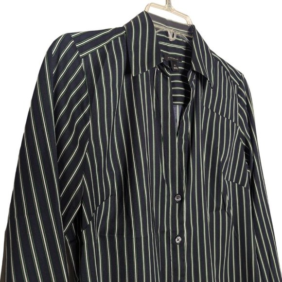 Ann Taylor long sleeve button front navy blue with white green stripes blouse XS - Picture 4 of 9